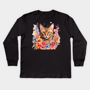 A bengal cat decorated with beautiful watercolor flowers Kids Long Sleeve T-Shirt
